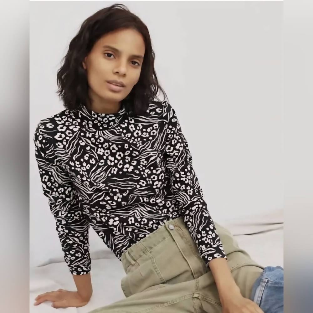 Anthropologie Women's Black White Botanical Monochrome Pattern Turtleneck - Sz S